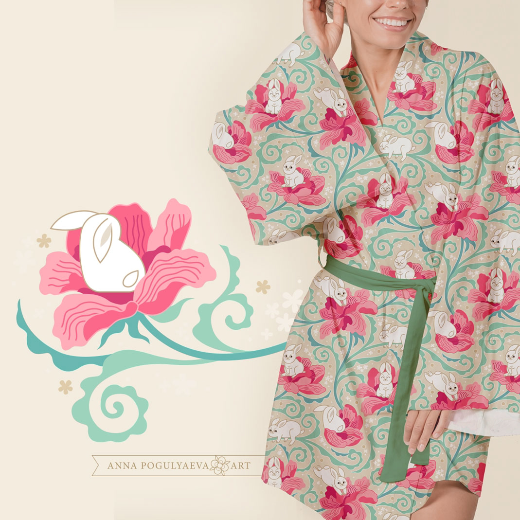 Принт для ткани "Кролики и пионы" | Сетка — социальная сеть от hh.ru