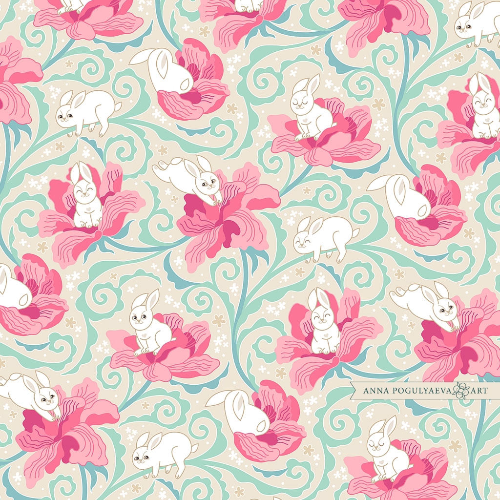 Принт для ткани "Кролики и пионы" | Сетка — социальная сеть от hh.ru