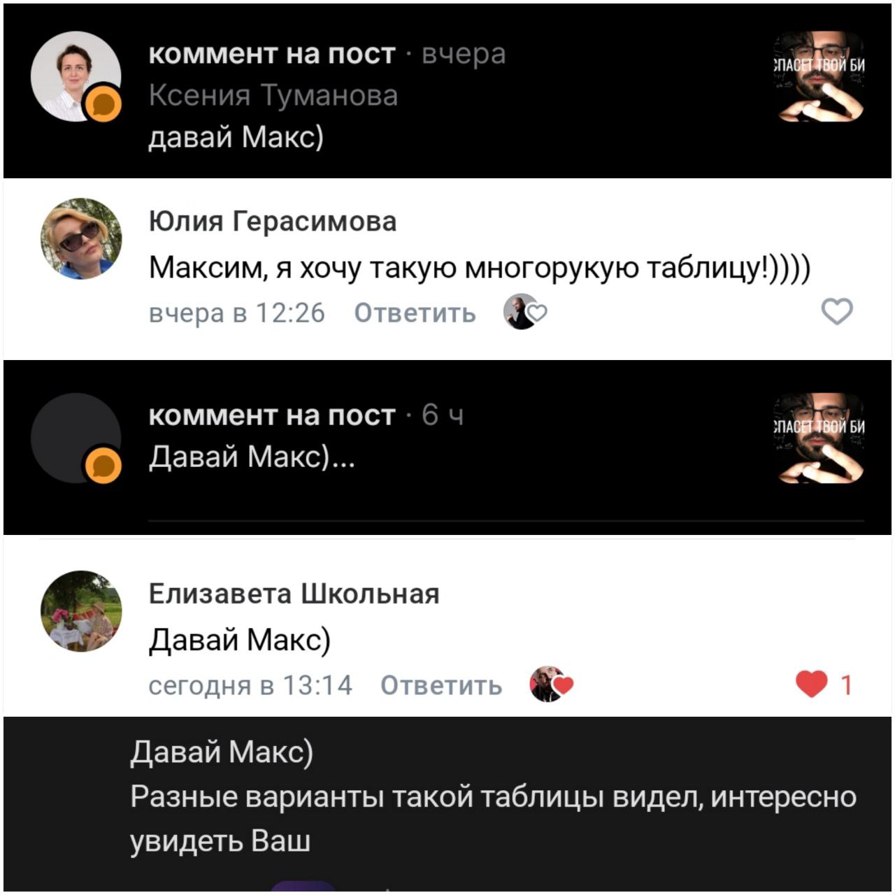 В предыдущем посте я писал что если будет интерес к моей ОПиУ-таблице, то я опубликую видео обзор.
Просил написать "давай Макс" кому интересна таблица. Комментарии видите на скрине. Спрос есть кАроч | Сетка — социальная сеть от hh.ru
