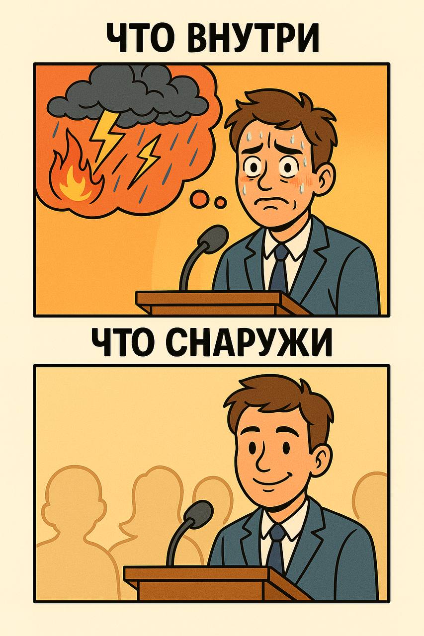 Я буду нервничать и все это заметят
В психологии это называют «иллюзией прозрачности». Термин появился благодаря исследованию Т. Гиловича, В. Савицки и В. Медвек в 1998 году | Сетка — социальная сеть от hh.ru