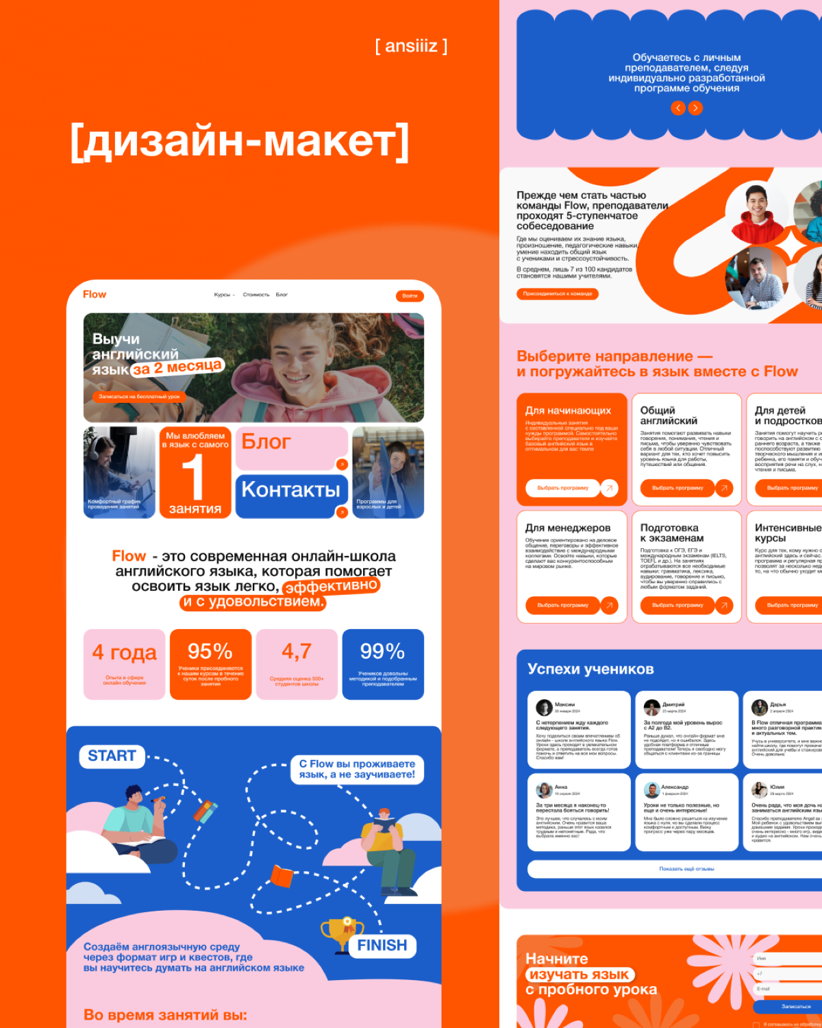 #кейсansiiiz
отказ от привычных светлых оттенков в дизайне в пользу яркости и оригинальности
// проект заключался в разработке дизайн-концепта для онлайн-школы английского языка | Сетка — социальная сеть от hh.ru