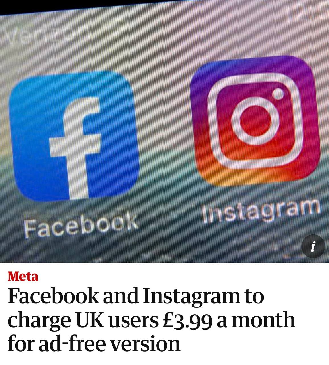 *Meta вводит подписку на *instagram и *Facebook без рекламы для жителей Великобритании. За £3.99 (450 рублей) в месяц для смартфонов и £2 | Сетка — социальная сеть от hh.ru