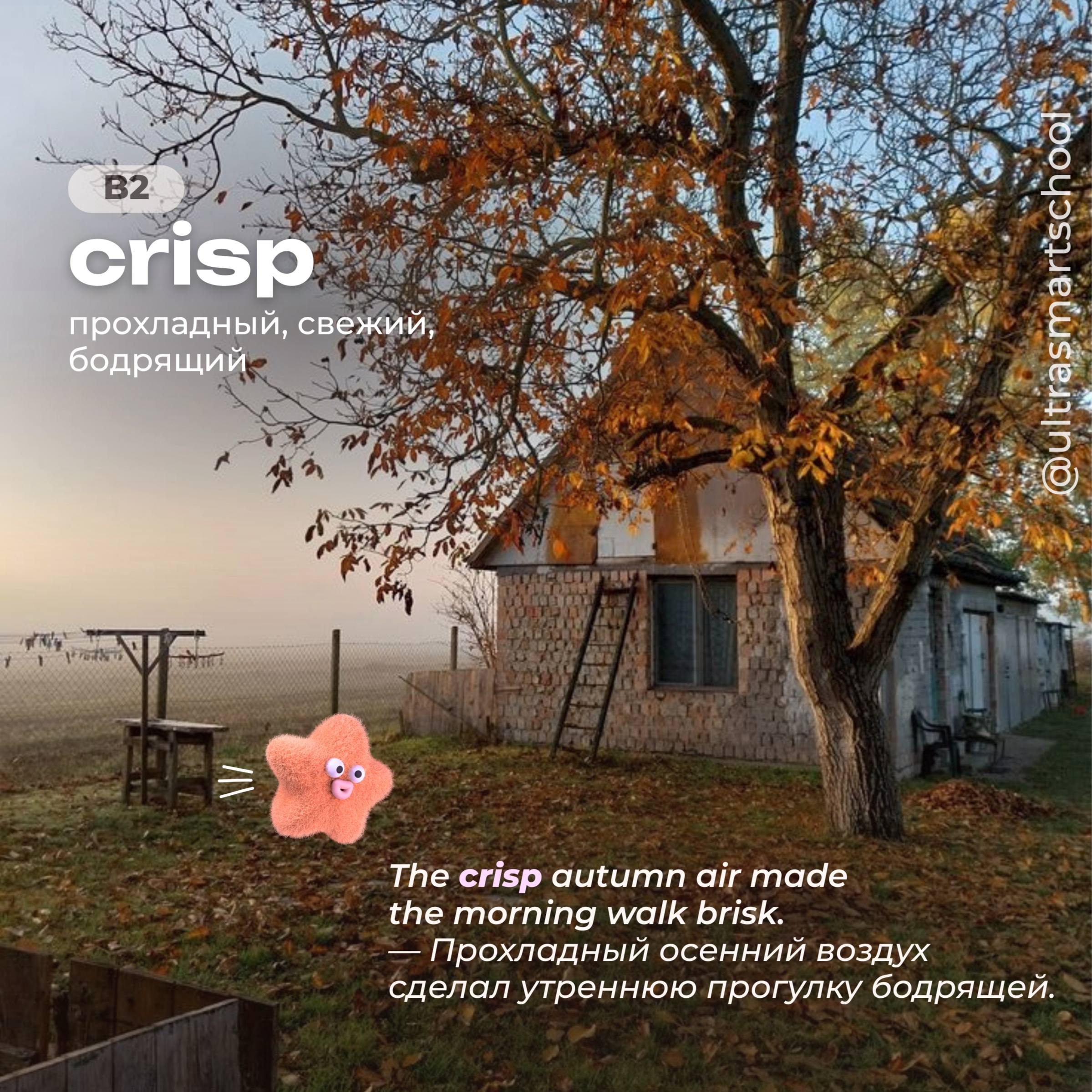 #словодня
🤩crisp /krɪsp/

used to describe something cool, fresh, and pleasantly sharp

The crisp autumn air made the morning walk brisk. — Прохладный осенний воздух сделал утреннюю прогулку бодрящей | Сетка — социальная сеть от hh.ru