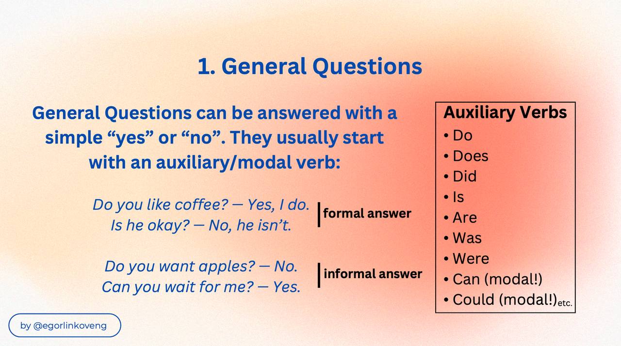 TYPES OF QUESTIONS IN ENGLISH 🇺🇸❓
Hope this guide will be helpful for you! Have a nice day 🫶🏻
#английский #английскийязык #английскийдлявзрослых #английскийдлябизнеса #английскийдляшкольников | Сетка — социальная сеть от hh.ru