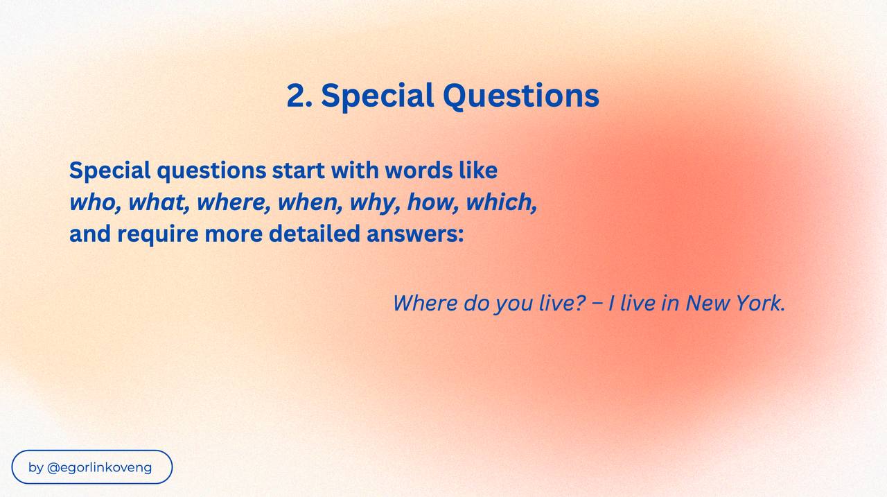TYPES OF QUESTIONS IN ENGLISH 🇺🇸❓
Hope this guide will be helpful for you! Have a nice day 🫶🏻
#английский #английскийязык #английскийдлявзрослых #английскийдлябизнеса #английскийдляшкольников | Сетка — социальная сеть от hh.ru