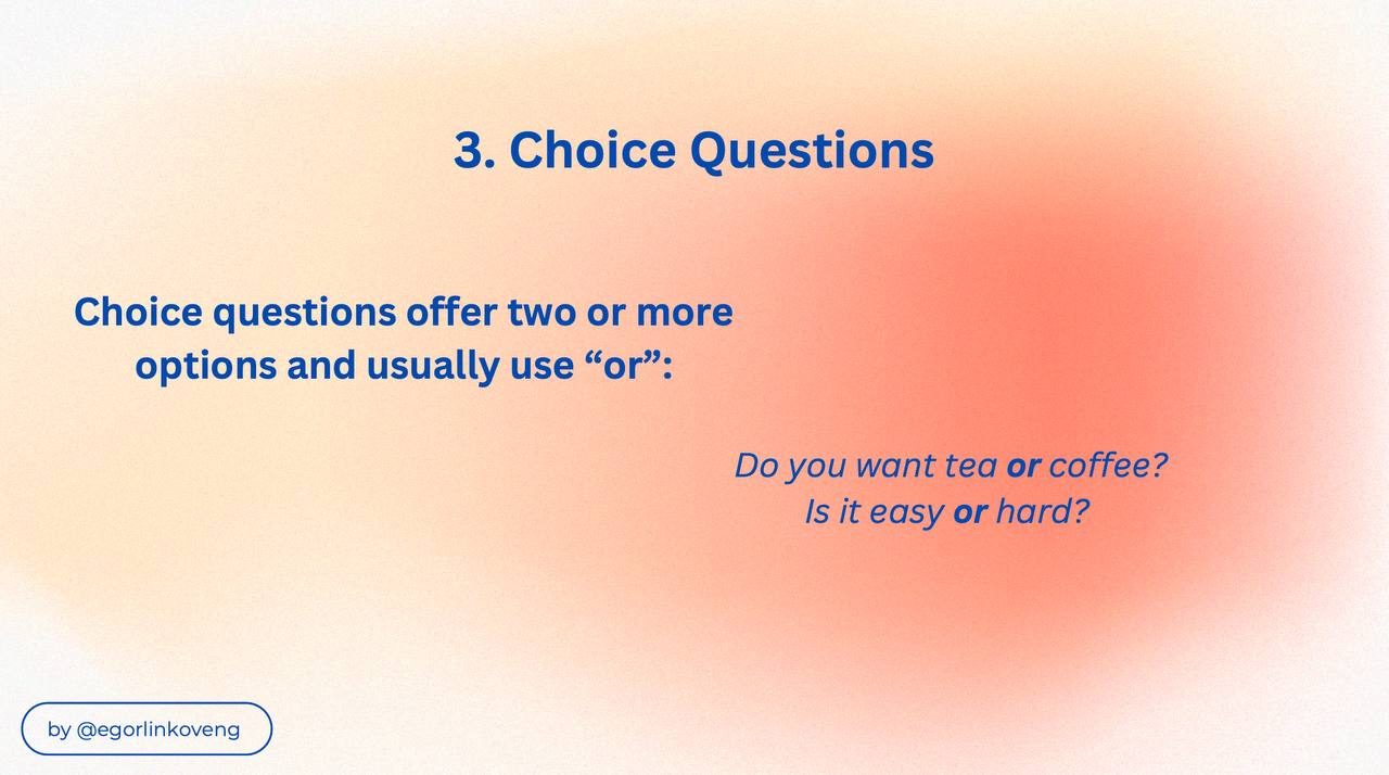 TYPES OF QUESTIONS IN ENGLISH 🇺🇸❓
Hope this guide will be helpful for you! Have a nice day 🫶🏻
#английский #английскийязык #английскийдлявзрослых #английскийдлябизнеса #английскийдляшкольников | Сетка — социальная сеть от hh.ru