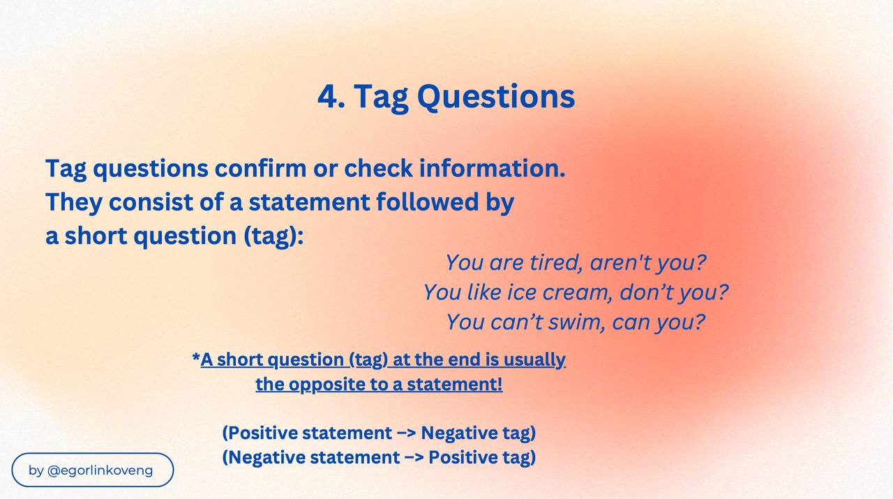 TYPES OF QUESTIONS IN ENGLISH 🇺🇸❓
Hope this guide will be helpful for you! Have a nice day 🫶🏻
#английский #английскийязык #английскийдлявзрослых #английскийдлябизнеса #английскийдляшкольников | Сетка — социальная сеть от hh.ru