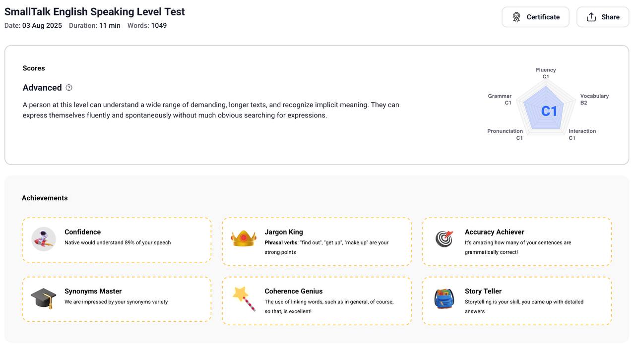 Прошёл сейчас тест на speaking и результат меня супер порадовал — C1!  
Сначала было немного страшно, но потом я разговорился и меня было не остановить 😌
#английский #английскийязык #английскийдлявзро... | Сетка — социальная сеть от hh.ru