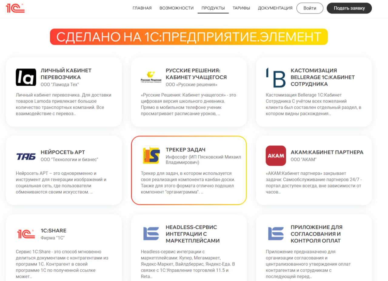 Примеры приложений на 1С:Предприятие.Элемент
На портале 1cmycloud в разделе продуктов начали появляться первые публичные решения на Элементе | Сетка — социальная сеть от hh.ru