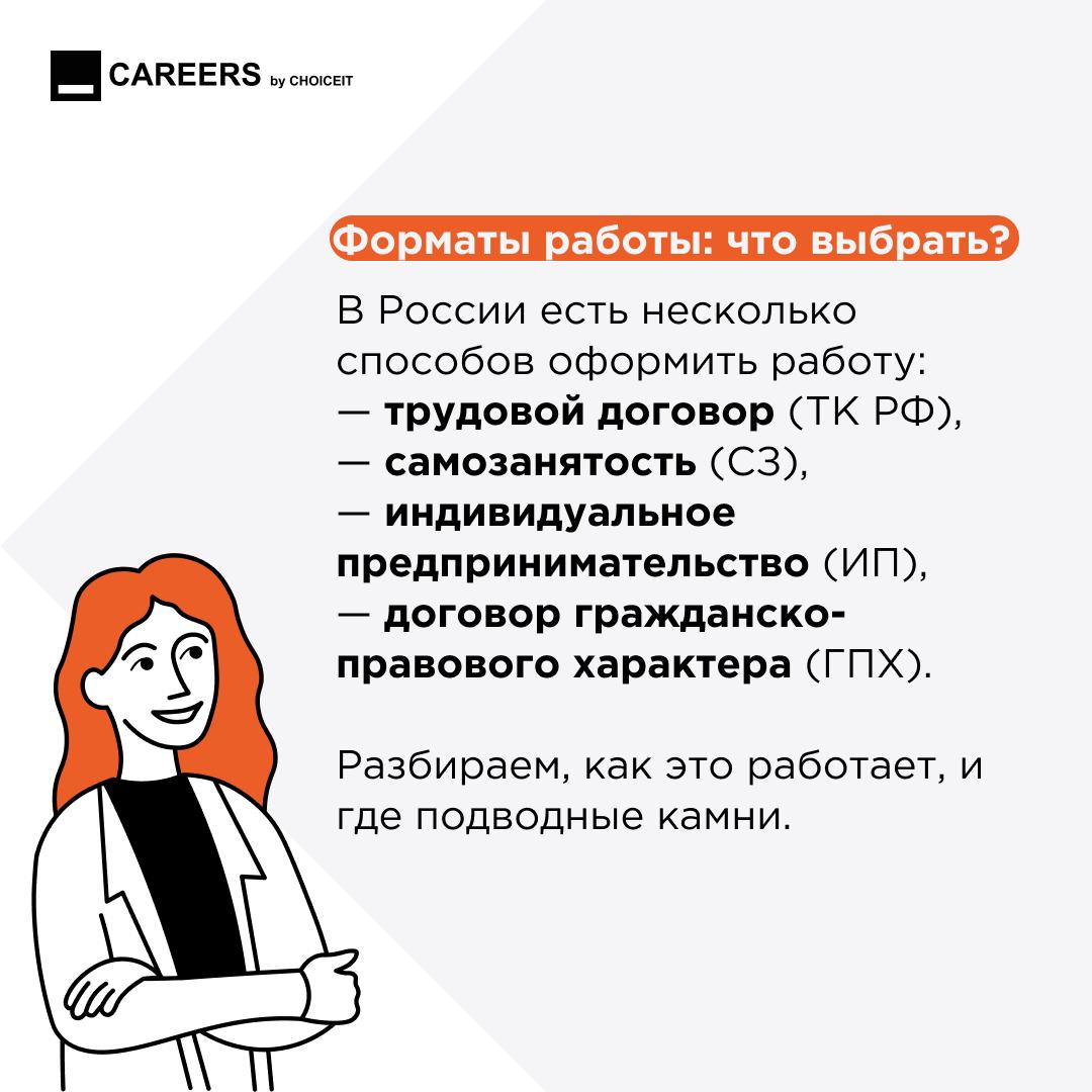 Привет, это CAREERS!
💡 Форматы трудоустройства: что выбрать?
Сегодня работать можно разными способами: по классическому трудовому договору, как самозанятый, оформить ИП или заключать договоры ГПХ | Сетка — социальная сеть от hh.ru