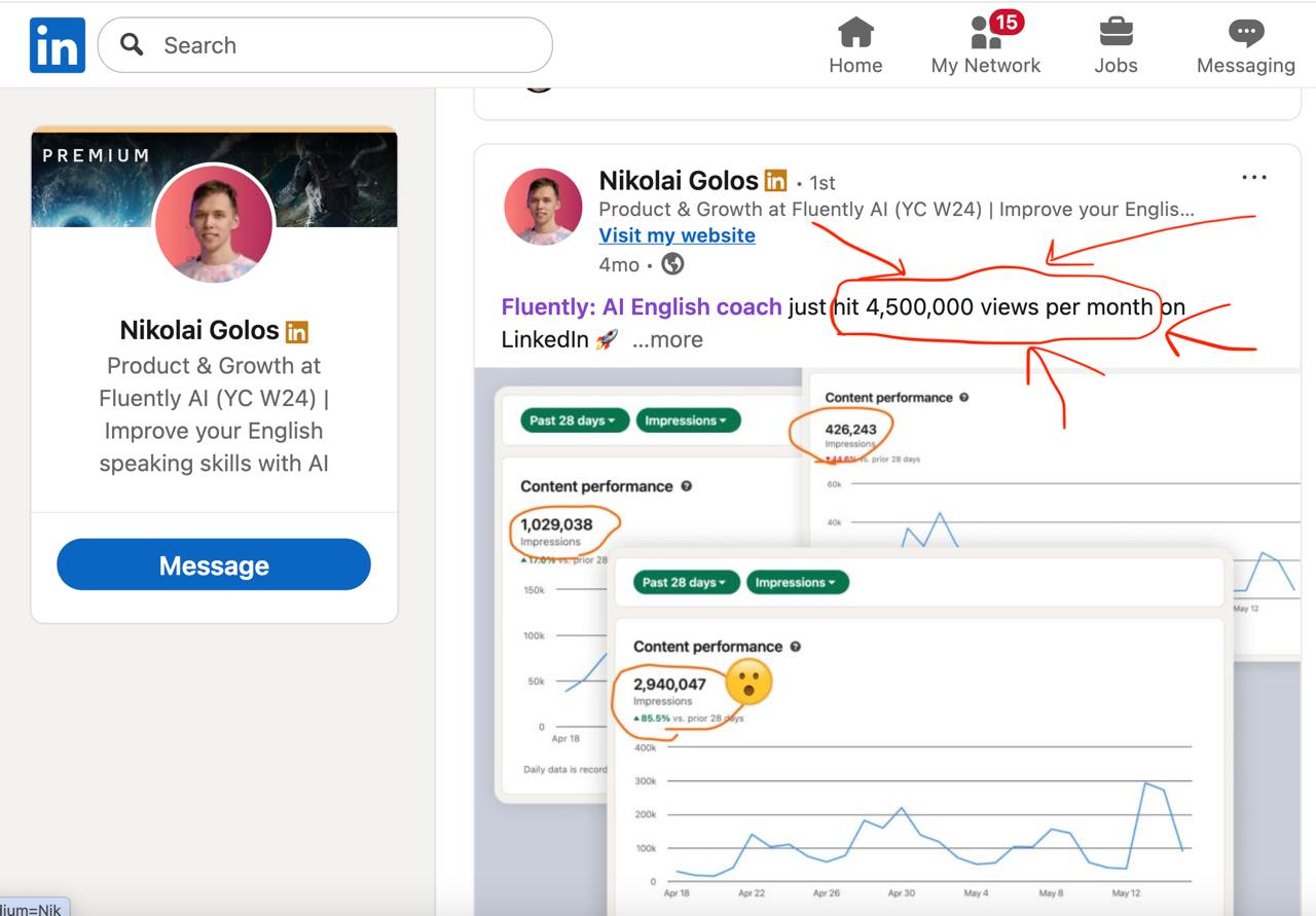 36 миллионов просмотров вирального контента в LinkedIn за 6 месяцев! 😎🔥
Коля Голос, product & growth @ Fluently — хакнул LinkedIn ⚡
Коля раскачал 3 разных профиля команды Fluently про продукт, предпри... | Сетка — социальная сеть от hh.ru