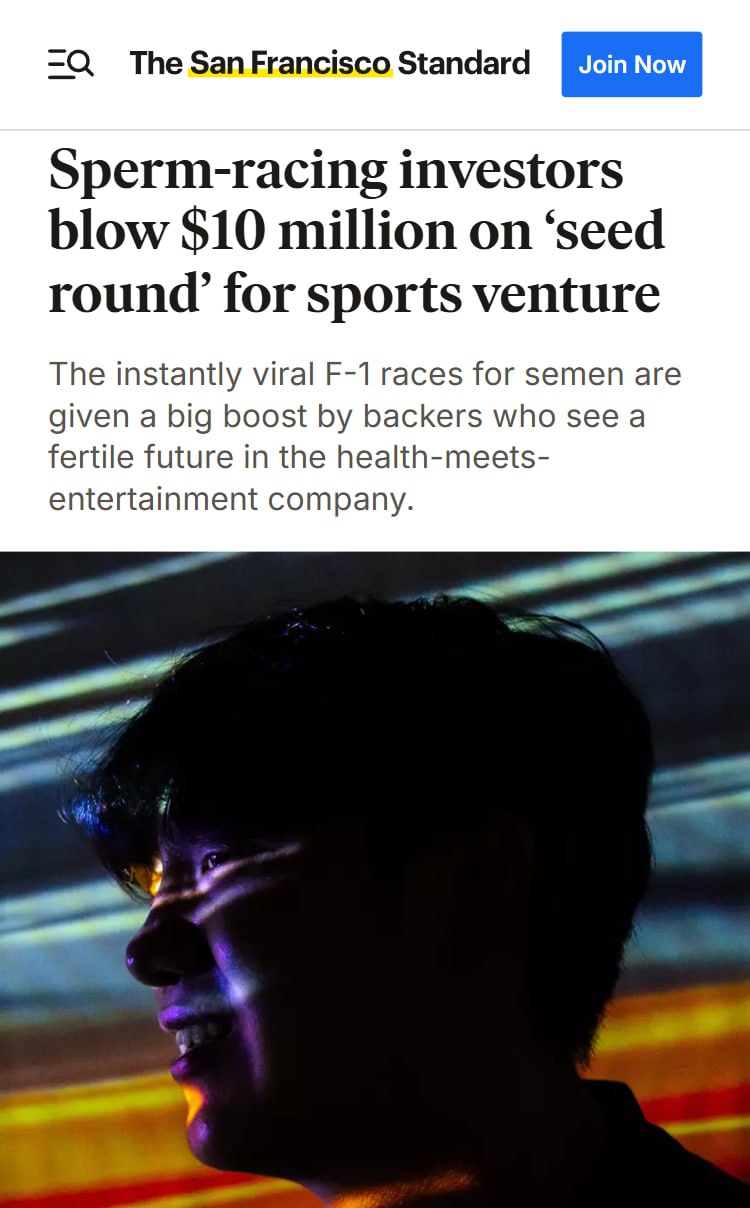 18-летний парень заработал $75 млн на СПЕРМЕ.
Эрик Чжу создал стартап Sperm Racing: на нём молодые люди соревнуются, у кого самая быстрая и выносливая сперма | Сетка — социальная сеть от hh.ru