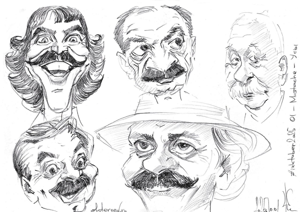 #inktober2025 01 — Усы — Mustache.
Вдогонку, пока настроение было😎
Теперь уже "по-быренькому", карандашиком.. | Сетка — социальная сеть от hh.ru