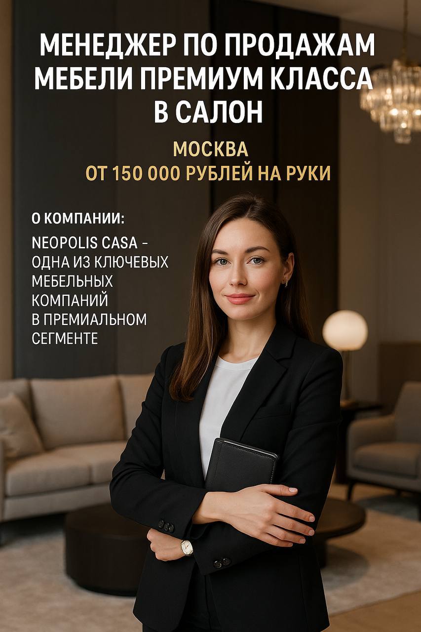 🚨 Вакансия: Менеджер по продажам мебели премиум-класса
📍 Москва | 💰 от 150 000 ₽ на руки
NEOPOLIS CASA — одна из ключевых компаний в премиальном сегменте | Сетка — социальная сеть от hh.ru