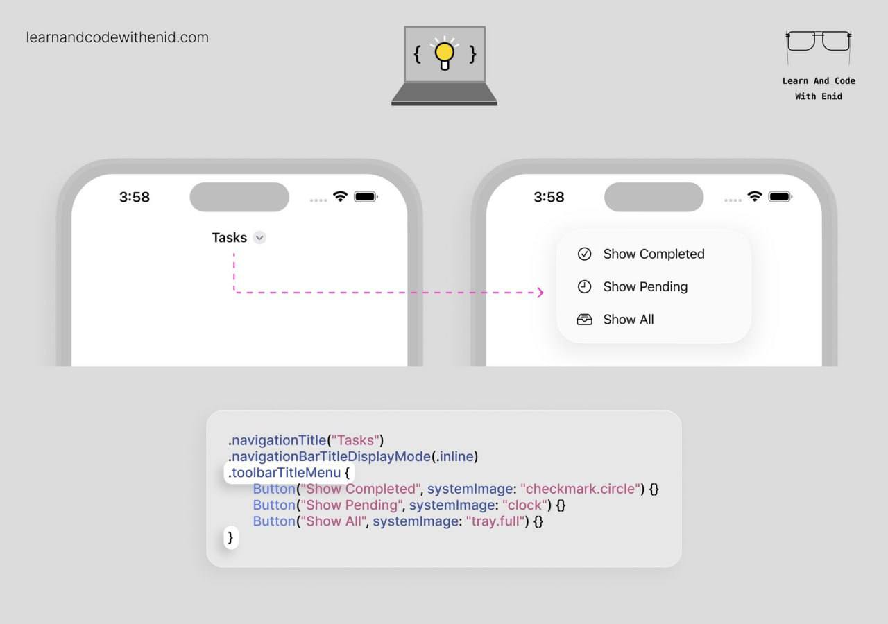 Совет по SwiftUI
В iOS 16+ используйте toolbarTitleMenu(), чтобы показывать меню при тапе по заголовку навигации. | Сетка — социальная сеть от hh.ru