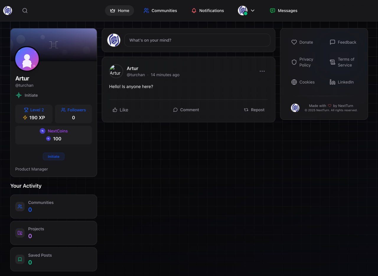 NextTurn — соцсеть для разработчиков на основе GitHub.
Запустить соцсеть - это не просто "написать фичи". Это игра с нулевой аудиторией, где сложнее всего стартовать первые активности | Сетка — социальная сеть от hh.ru