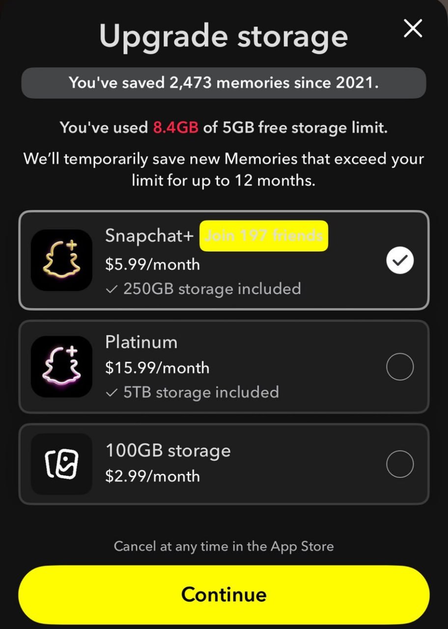 Snapchat начал брать деньги за превышение лимита хранилища файлов. После 5 Гб пользователи получают предложение увеличить объём хранилища за деньги до 100 Гб, 250 или 5 Тб | Сетка — социальная сеть от hh.ru