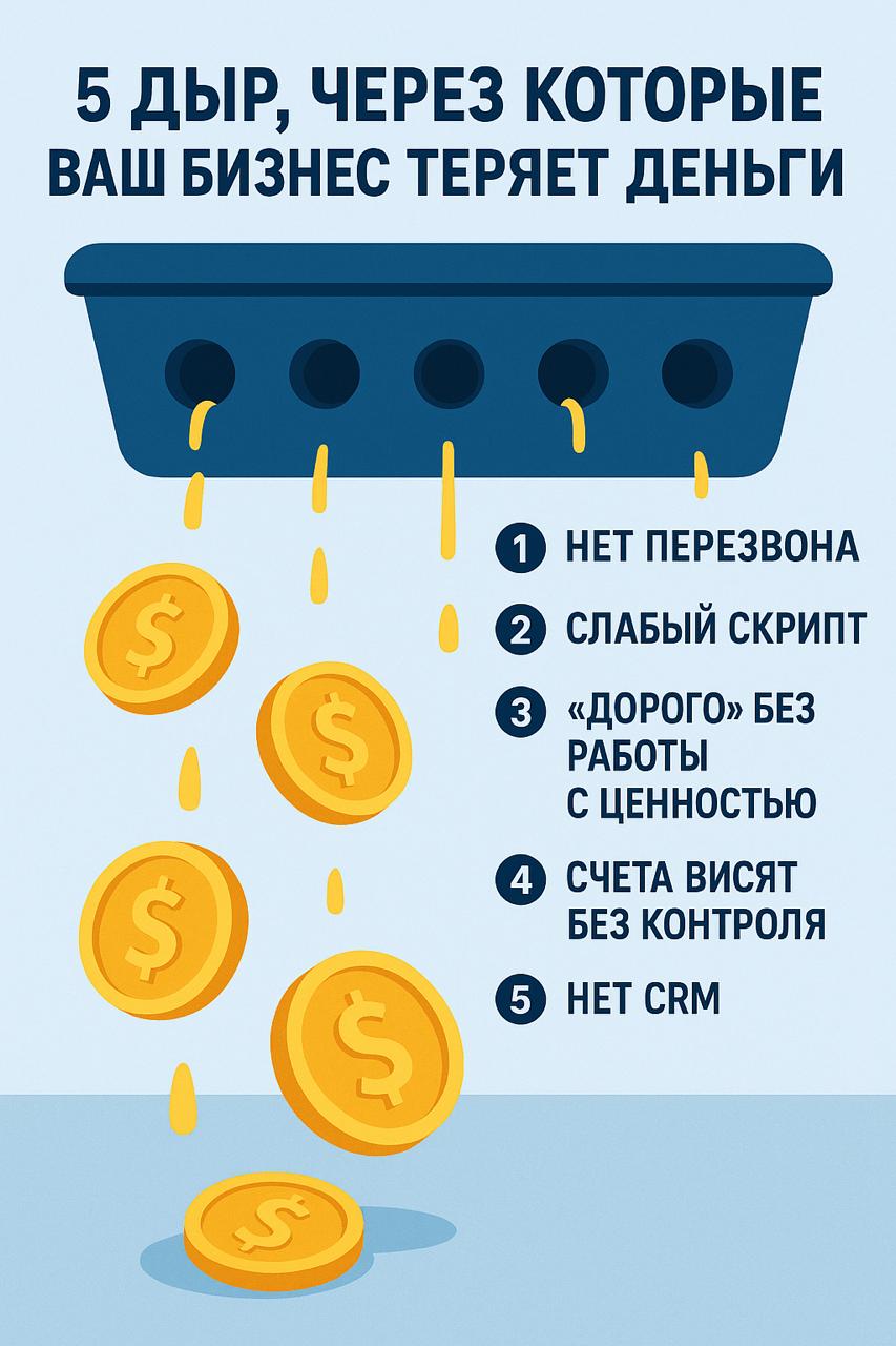 5 дыр, через которые ваш бизнес теряет деньги, даже если кажется, что всё работает
Большинство предпринимателей уверены: если отдел продаж работает, значит всё под контролем | Сетка — социальная сеть от hh.ru