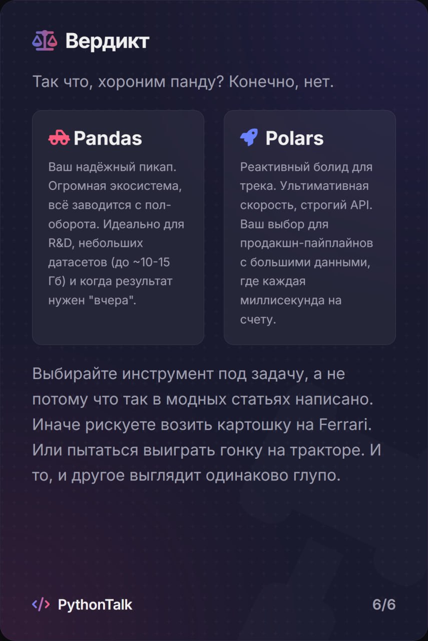 🐼 Pandas vs. Polars 🐻
Хайп-трейн Polars несётся на полной скорости, обещая похоронить под собой старый-добрый Pandas | Сетка — социальная сеть от hh.ru