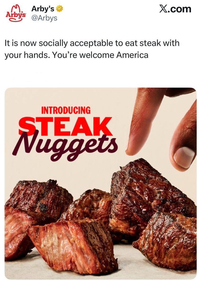 Может быть, им кто-то скажет? Сеть быстрого питания Arby’s придумала блюдо, которое взорвало американские соцсети — стейк-наггетсы | Сетка — социальная сеть от hh.ru