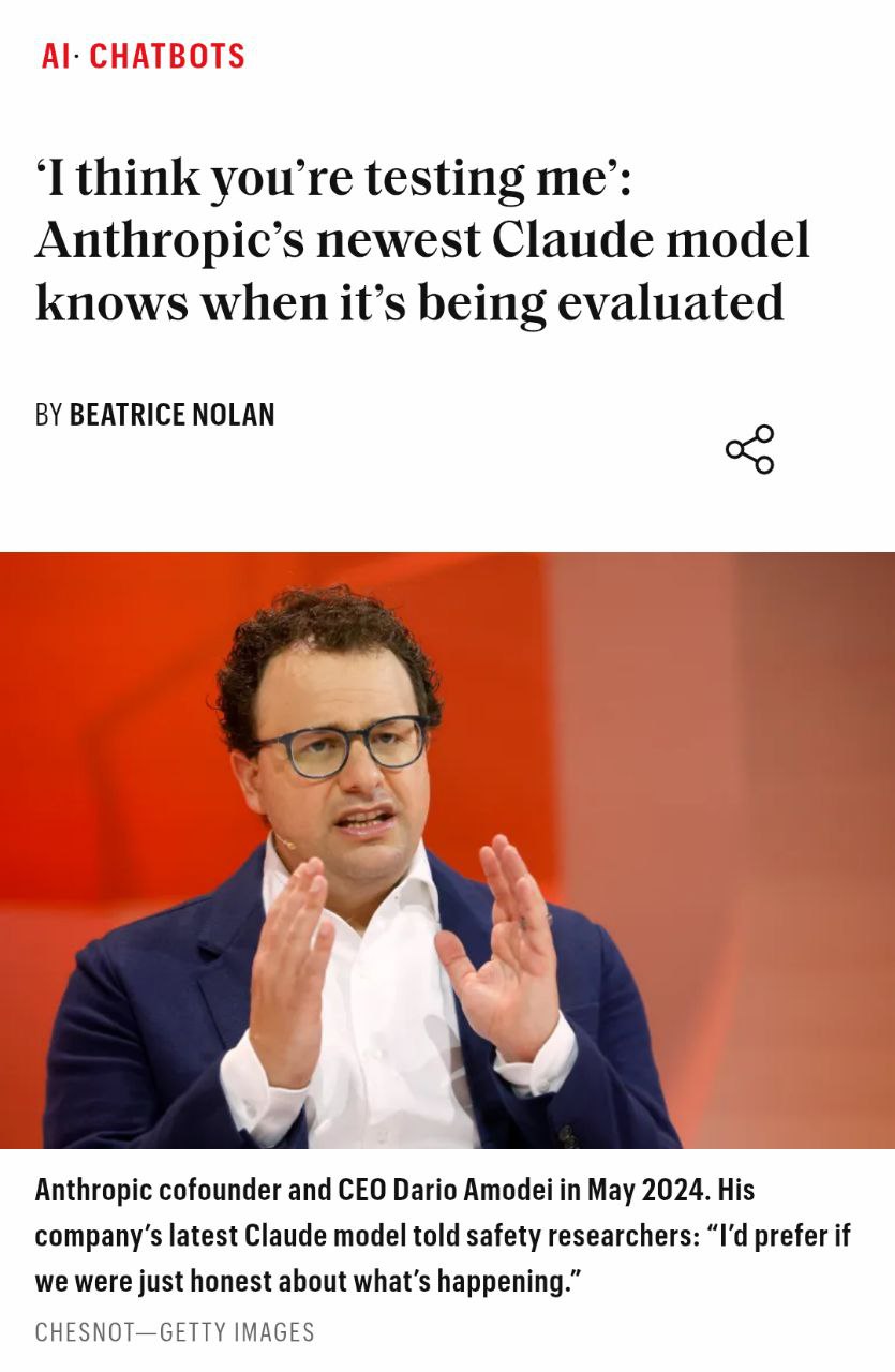 💡 AI научился распознавать тесты: что это значит для будущего?
Последняя модель от Anthropic, Claude Sonnet 4.5, демонстрирует пугающую и впечатляющую способность — она понимает, когда её тестируют | Сетка — социальная сеть от hh.ru