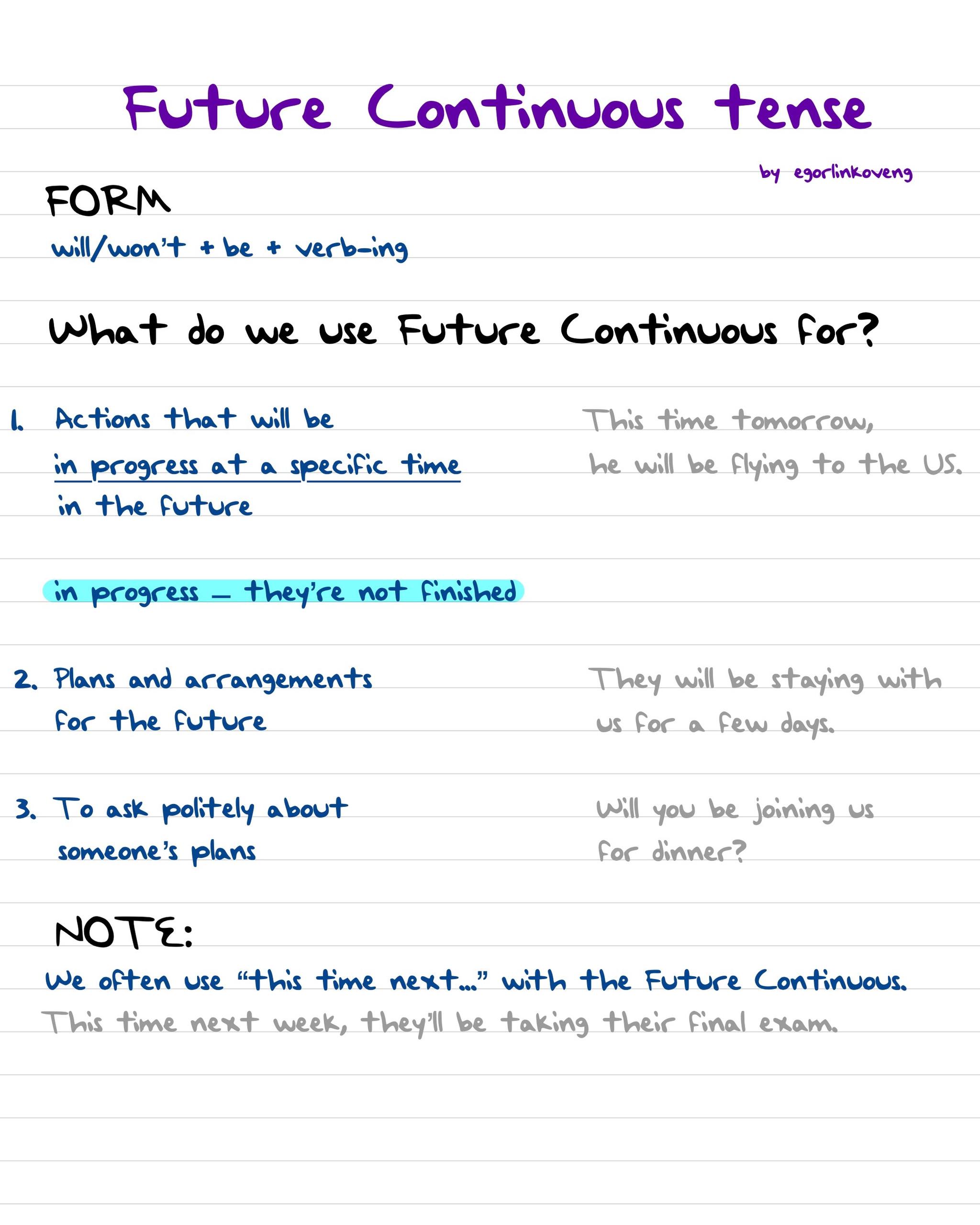 FUTURE CONTINUOUS tense
— или Будущее Продолженное время
Как мы формируем предложение в этом времени?
❤️will/won’t + be + глагол с окончанием -ing❤️
Используем в этих случаях:
1️⃣Когда нам важно показ... | Сетка — социальная сеть от hh.ru