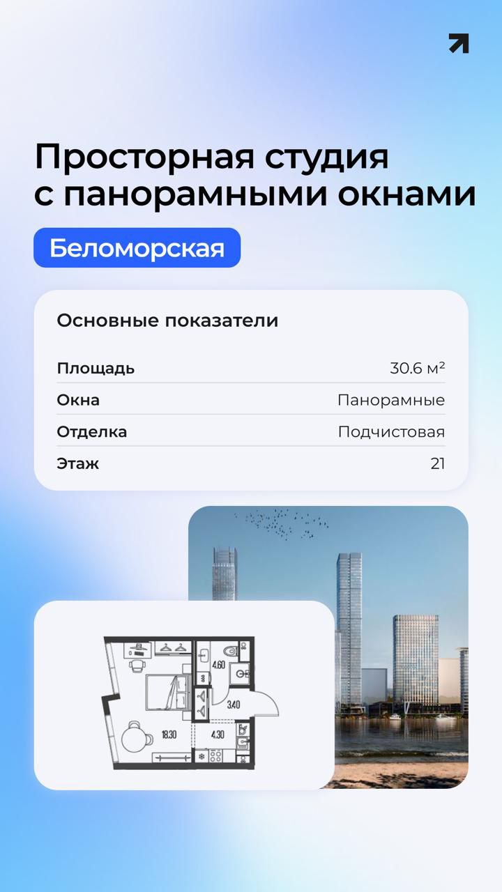 ✨ В «Северном Порту» — редкие планировки в продаже! ✨
Те самые квартиры, о которых мечтают, но редко находят.  
▫️ Студия 30,6 м² — с панорамными окнами от пола до потолка | Сетка — социальная сеть от hh.ru