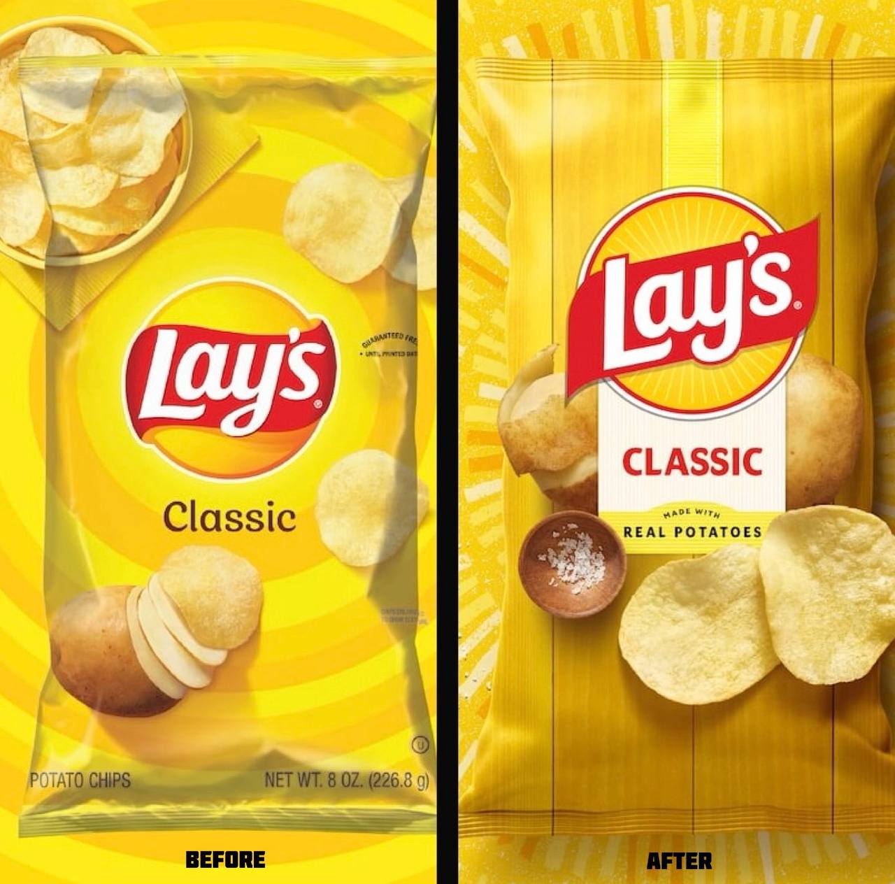 Чипсы Lay’s обновили дизайн — ребрендинг коснулся буквально всех деталей упаковки: новый логотип, матовая упаковка и фон пачки с текстурой дерева.
А лучший дизайн был в 2007-2009…😂 | Сетка — социальная сеть от hh.ru