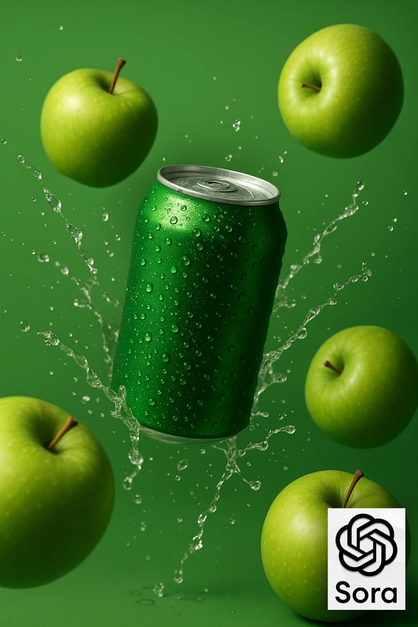 #нейросеть #ai #дизайн #sora #flux #промт
Рекламный шаблон "Яблочная сода"
Промт:
A mate green alluminium soda can floating mid-air, covered with cold condensation droplets surrounded by multiple flyi... | Сетка — социальная сеть от hh.ru