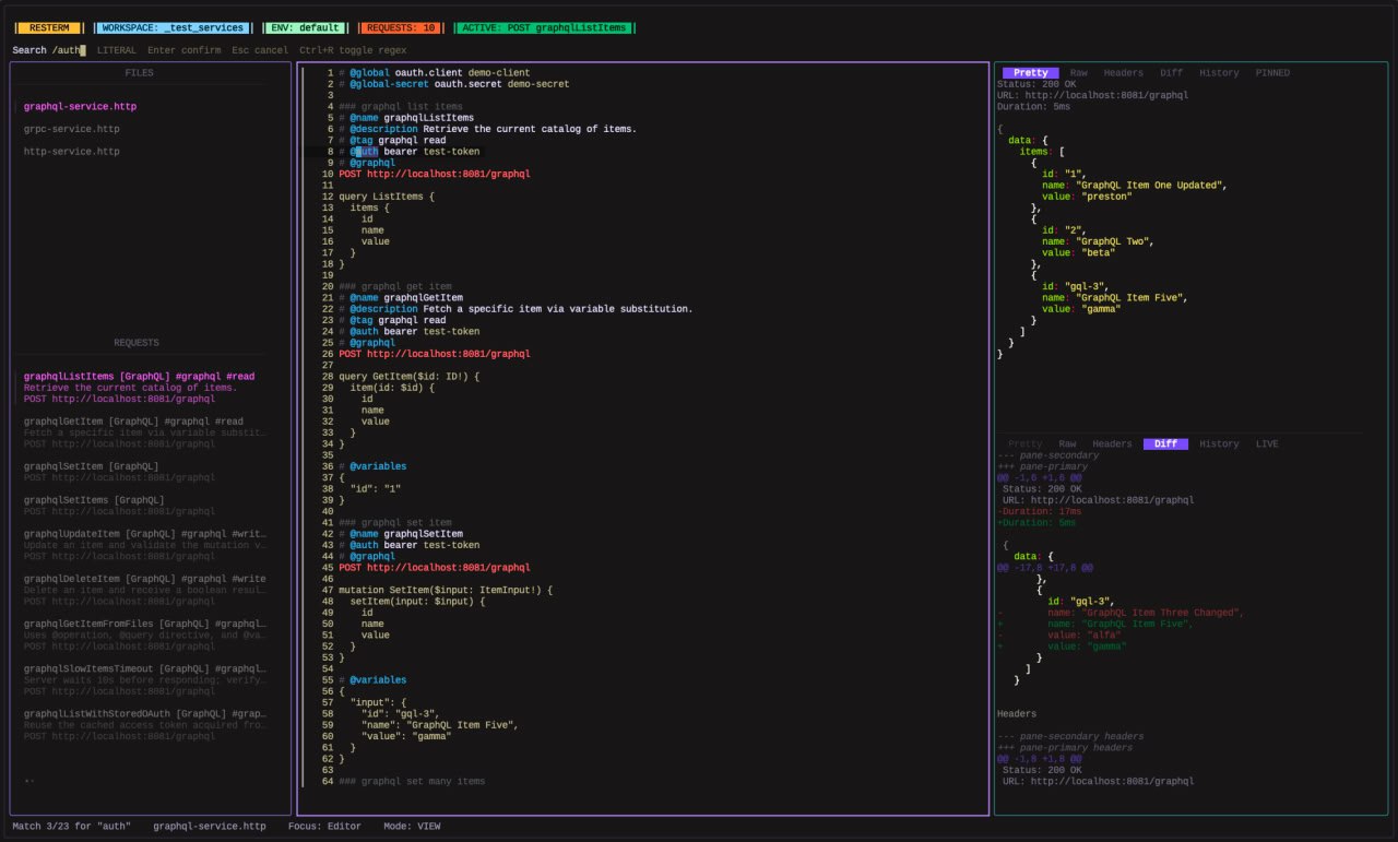 https://github.com/unkn0wn-root/resterm
Очередной TUI для осуществления запросов.
Из фич:

HTTP, GraphQL, gRPC
Работа с .http и | Сетка — социальная сеть от hh.ru