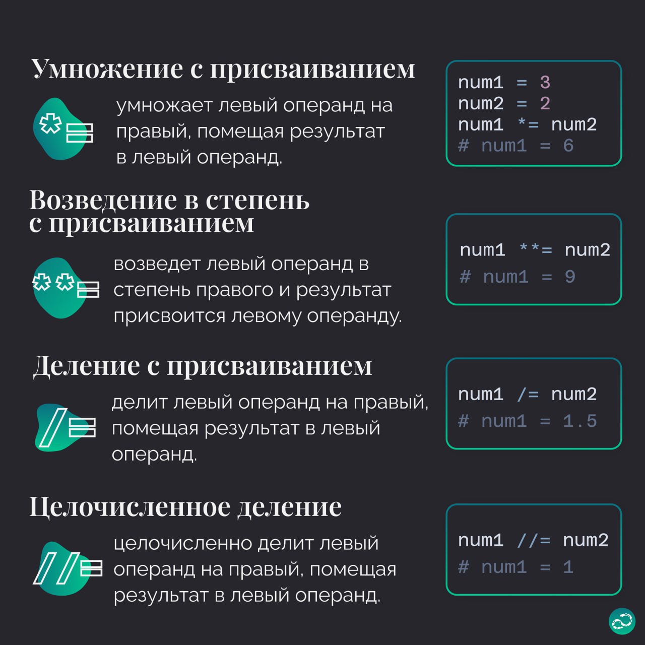 Операторы присваивания в Python
😴 Присваивание? Да это и так все проходят в первый час освоения Python!
🤭 А что, еще можно сокращенно записывать арифметические операции с присваиванием?
🤔 Битовые опер... | Сетка — социальная сеть от hh.ru