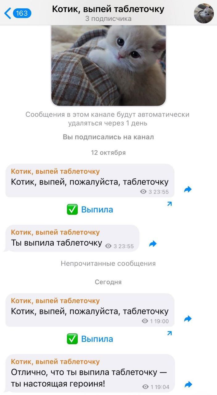 Милота: девушка постоянно забывала выпить таблетки, и её бойфренд запилил целого бота с напоминаниями.
Бот начинает сыпать уведомлениями, пока не нажмёшь кнопку «Выпила» | Сетка — социальная сеть от hh.ru