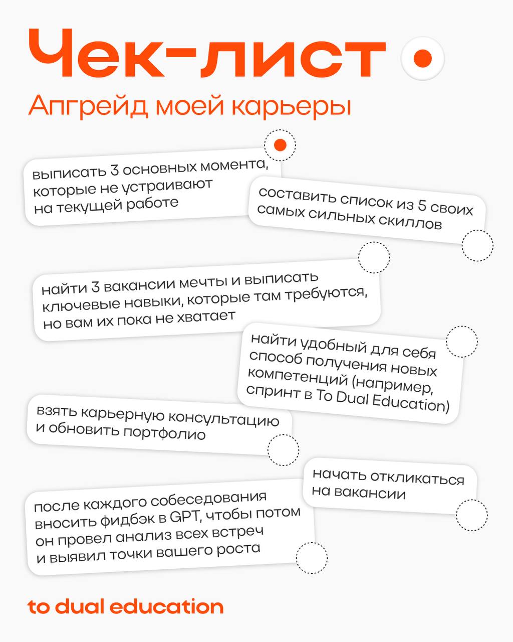 С чего начать?
Если хочется что-то поменять в своей карьерном развитии.
Создали для вас чек-лист с основными шагами, которые можно предпринять тогда, когда возникла мысль об апгрейде карьеры | Сетка — социальная сеть от hh.ru