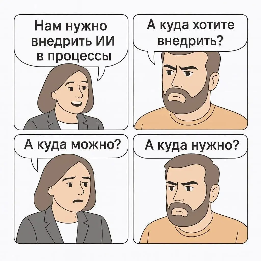 Достаточно актуальный мем.
Нормальный сценарий: решаем при помощи ИИ какую-то проблему.
Ненормальный сценарий: придумываем себе какую-то проблему, лишь бы внедрить ИИ. | Сетка — социальная сеть от hh.ru