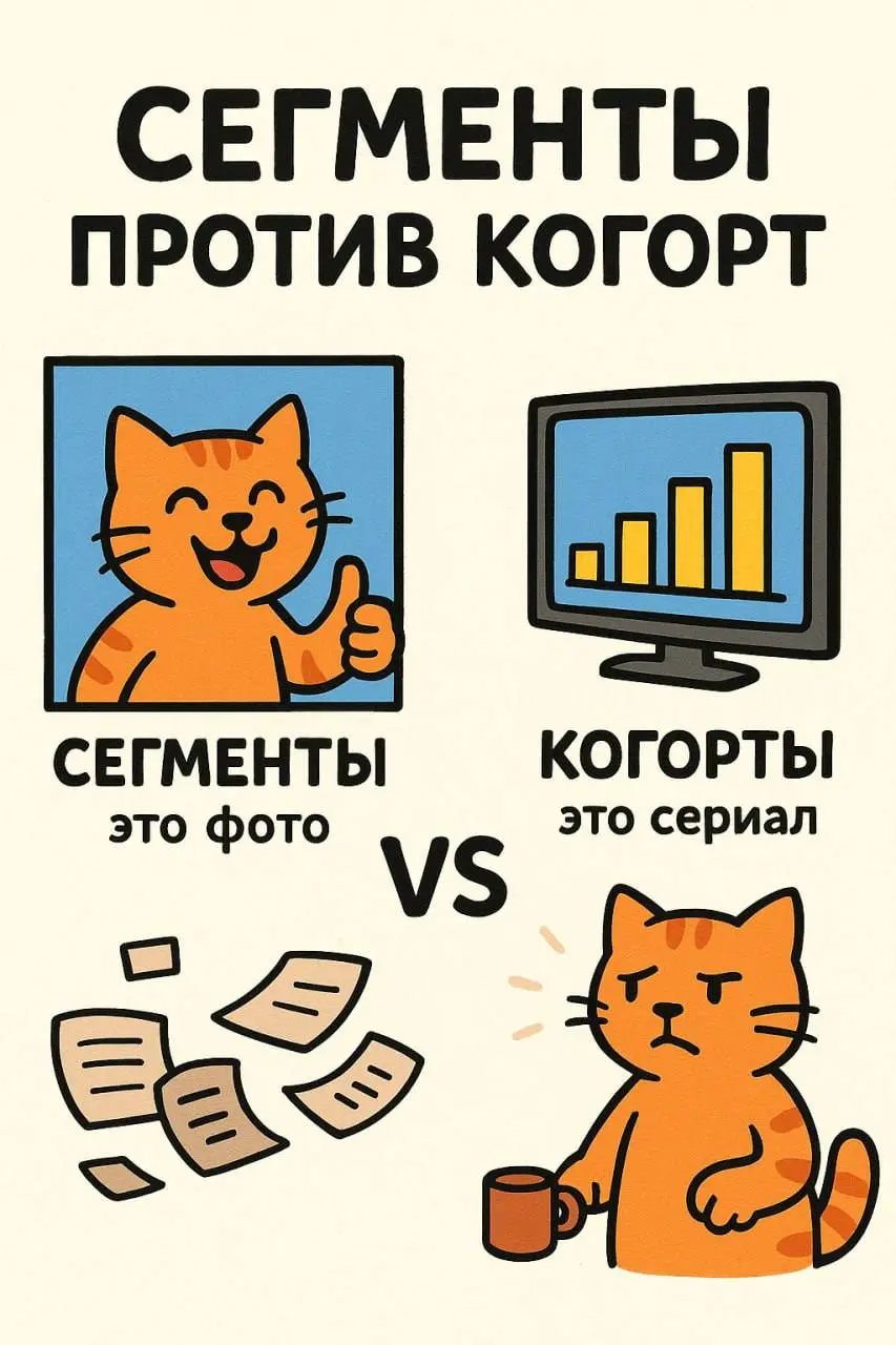 🥸 Сегменты vs. когорты: в чём разница
Кажется, что сегментный анализ и когортный — это одно и то же: «разбили пользователей на группы и сравнили». Но нет | Сетка — социальная сеть от hh.ru