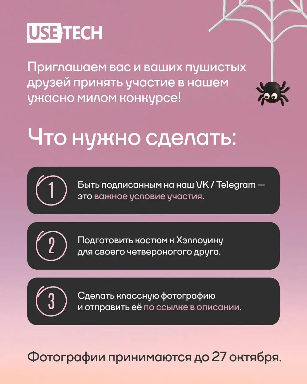 🎃 Spooky Season is Here!
Конкурс на Хэллоуин — в главных ролях ваш четвероногий друг! Приглашаем вас и ваших пушистых друзей принять участие в нашем ужасно милом конкурсе | Сетка — социальная сеть от hh.ru