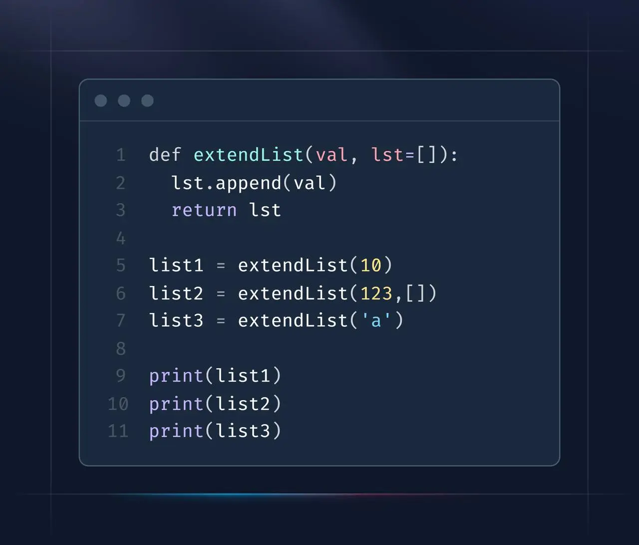 Что выведет этот код? 👆
Варианты ответа:
1️⃣ [10], [123], ['a']
2️⃣ [10, 'a'], [123], [10, 'a']
3️⃣ [10], [123], [10]
4️⃣ Ошибка выполнения
💡 Вопрос на понимание, как Python работает с аргументами по ... | Сетка — социальная сеть от hh.ru