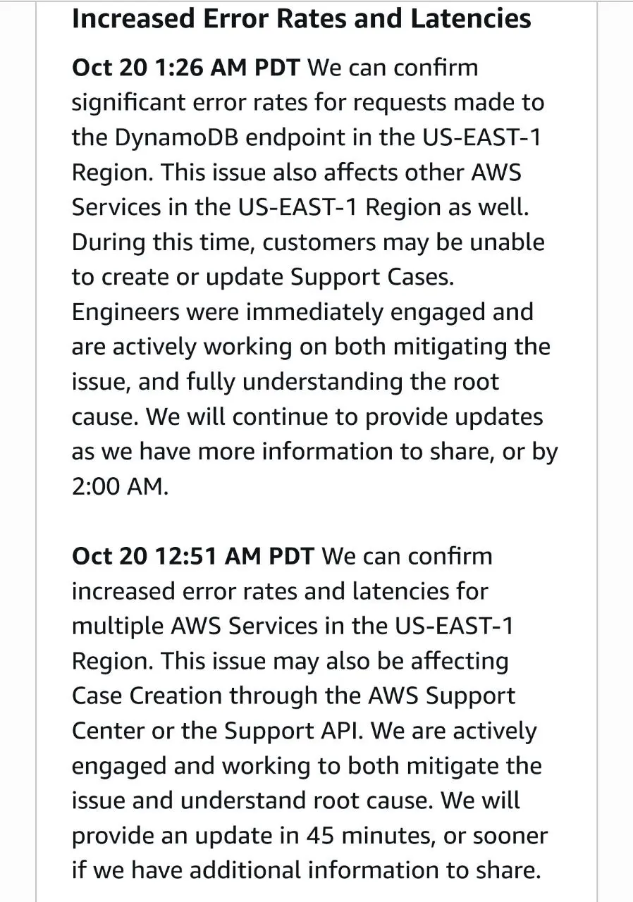 Никогда такого не было, и вот опять: самый важный и самый главный регион AWS us-east-1 благополучно прилёг (смотреть тут) | Сетка — социальная сеть от hh.ru
