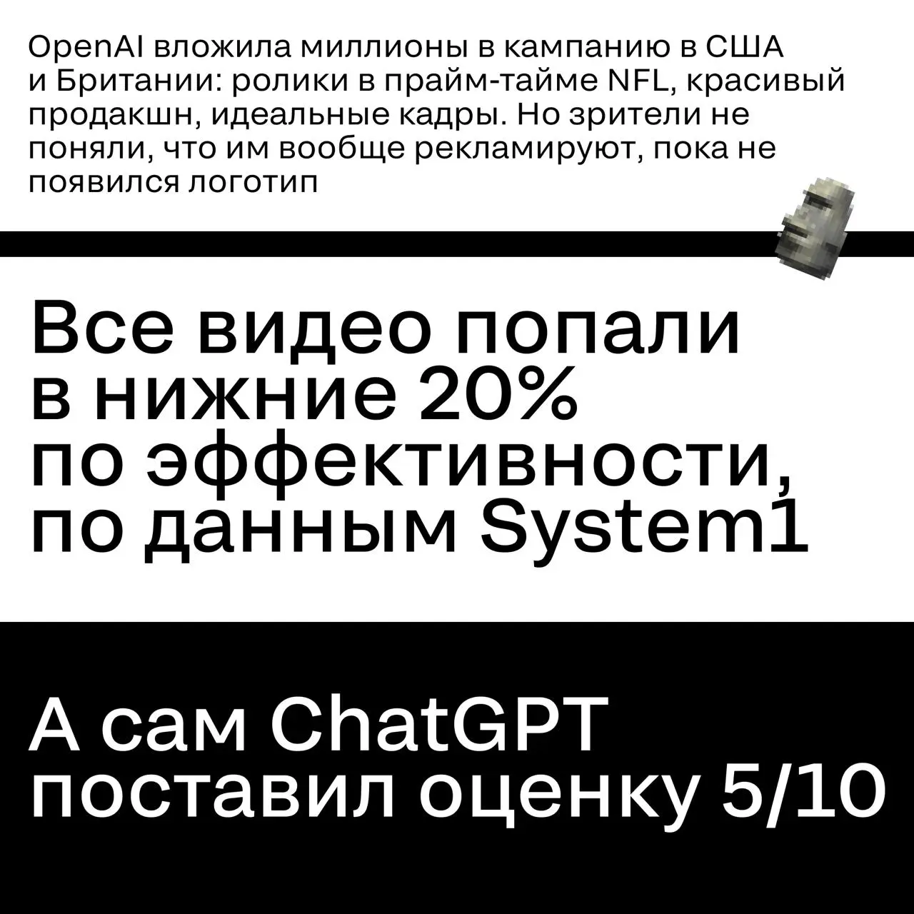 Искусственный интеллект против маркетинга: OpenAI получает среднюю оценку
Про провал OpenAI уже высказались все — от маркетологов до самого ChatGPT. Ну и мы не удержались | Сетка — социальная сеть от hh.ru