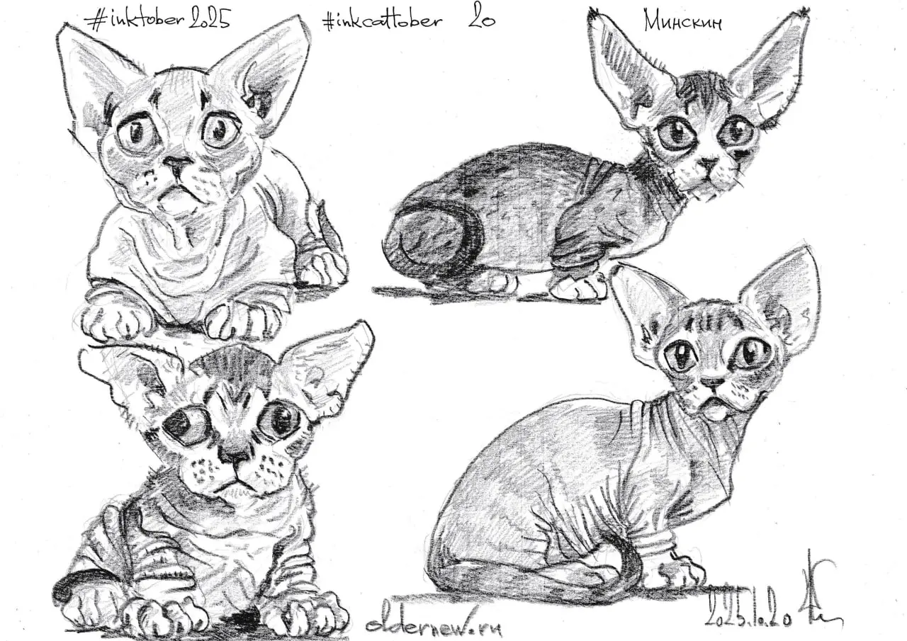 #inkcattober 20 — #Минскин — порода коротколапых кошек с уникальным типом шерстного покрова: шерсть на теле растёт островками, чередуясь с полностью голыми участками. Выведена в 1998 году в Бостоне | Сетка — социальная сеть от hh.ru