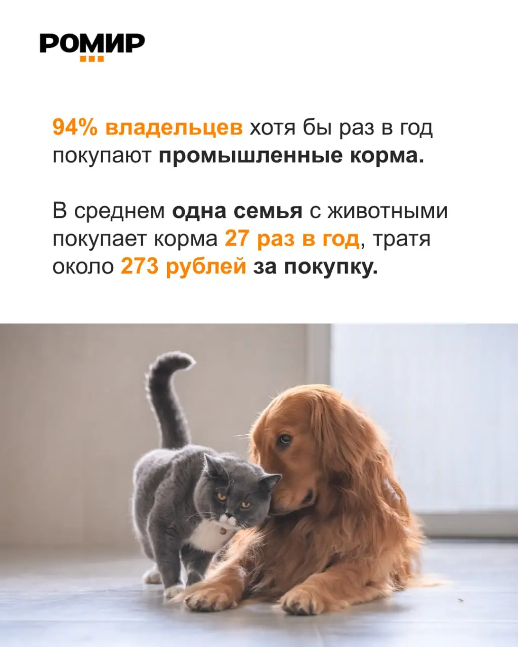 ⚡️ По данным РОМИР, в городских россий­ских семьях сегодня проживают более 61 млн питомцев — это на ~33 % больше, чем семь лет назад:
🔣 85% семей имеют хотя бы одну собаку или кошку
🔣 63% семей владею... | Сетка — социальная сеть от hh.ru