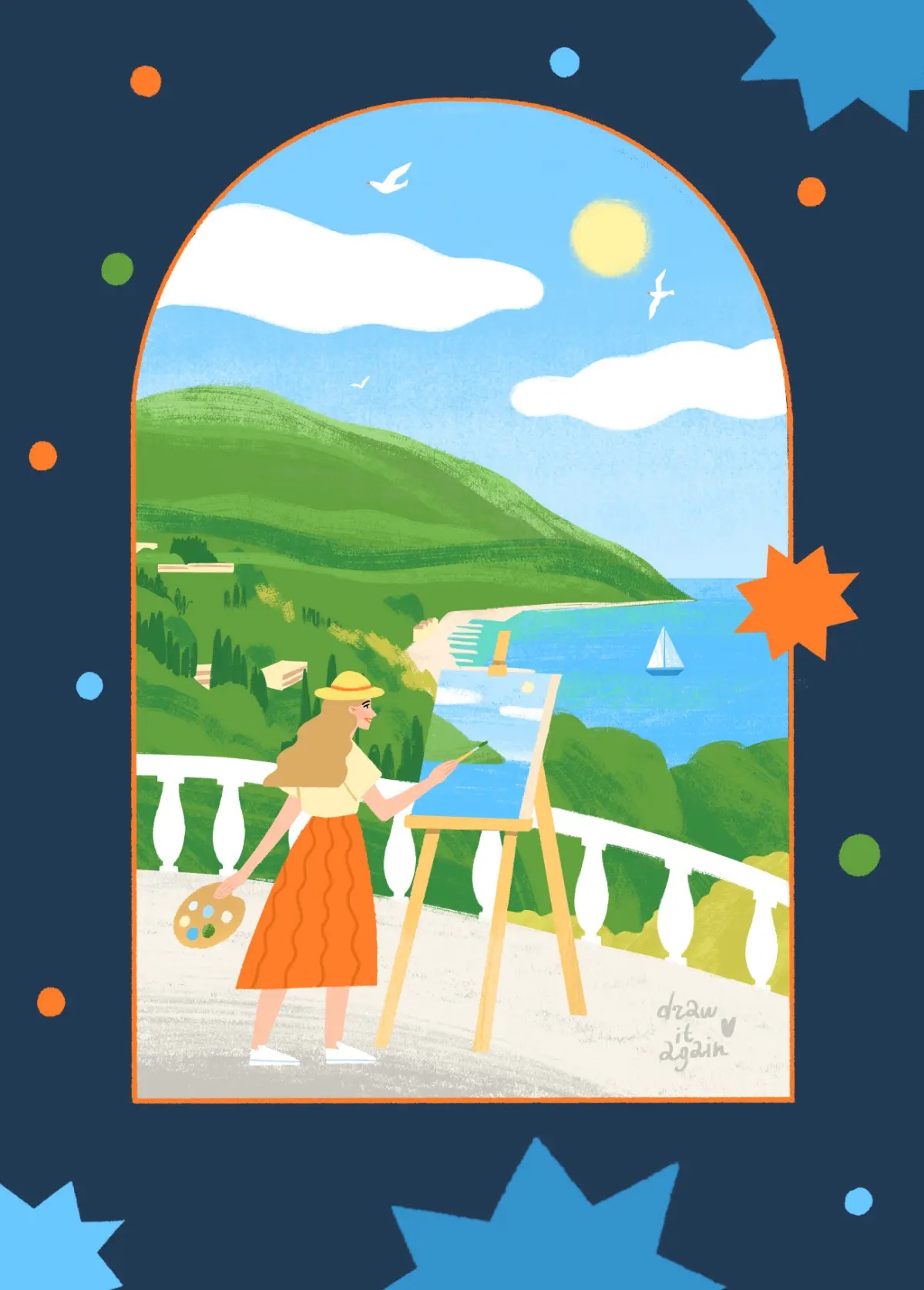 Картинка, которая задумывалась как открытка на день рождения детского лагеря, но ее не выбрали, поэтому она превратилась в открытку с воспоминаниями о теплых деньках, спокойствии, тепле и море 💌  
#ил... | Сетка — социальная сеть от hh.ru