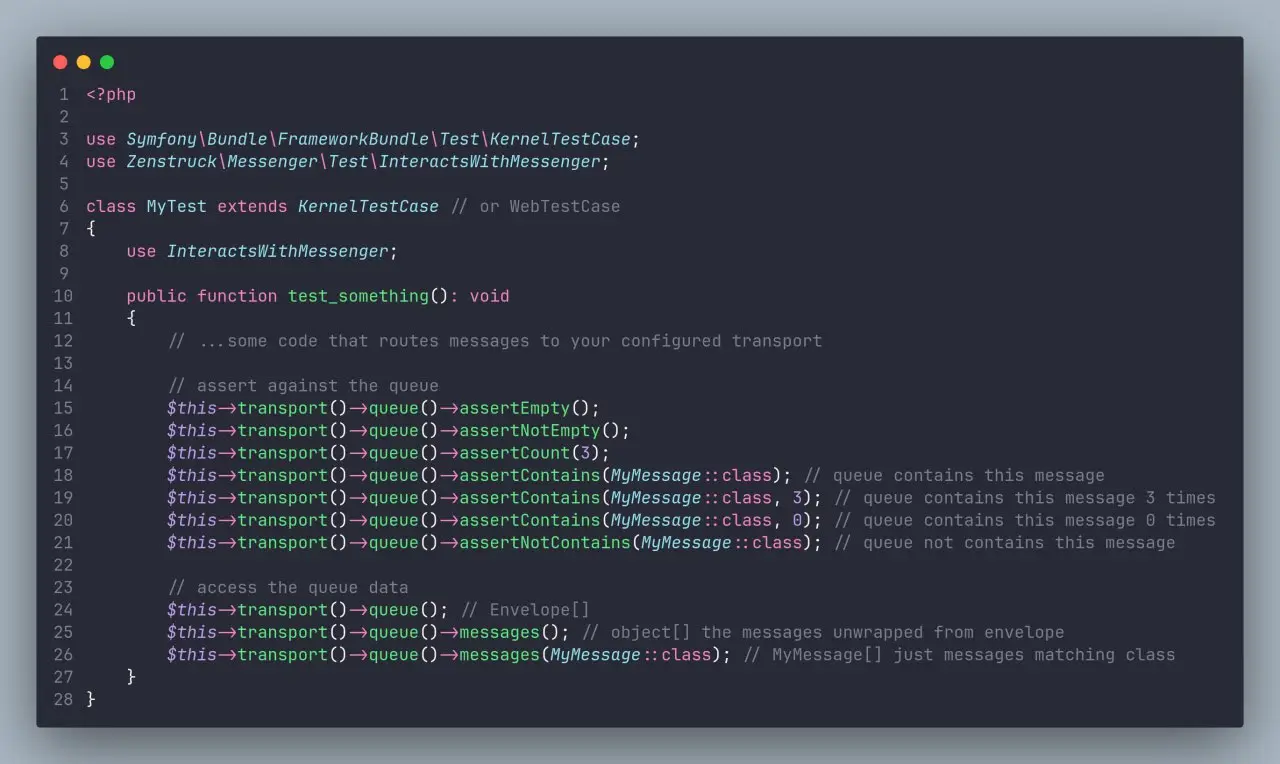 https://github.com/zenstruck/messenger-test
Крайне удобный инструмент для тестирования symfony messenger | Сетка — социальная сеть от hh.ru