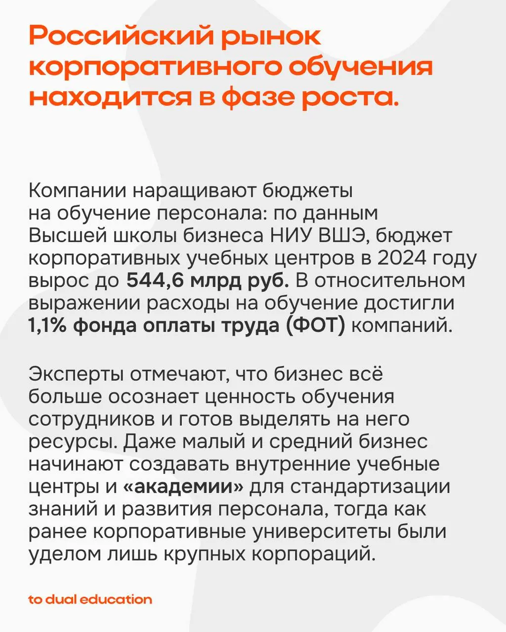 Рынок корпоративного обучения в России 🪧📞
Какой он?
Создавая новые стандарты и разрабатывая собственную методологию корпоративного обучения в рамках направления To Dual For Business, мы не могли не ис... | Сетка — социальная сеть от hh.ru