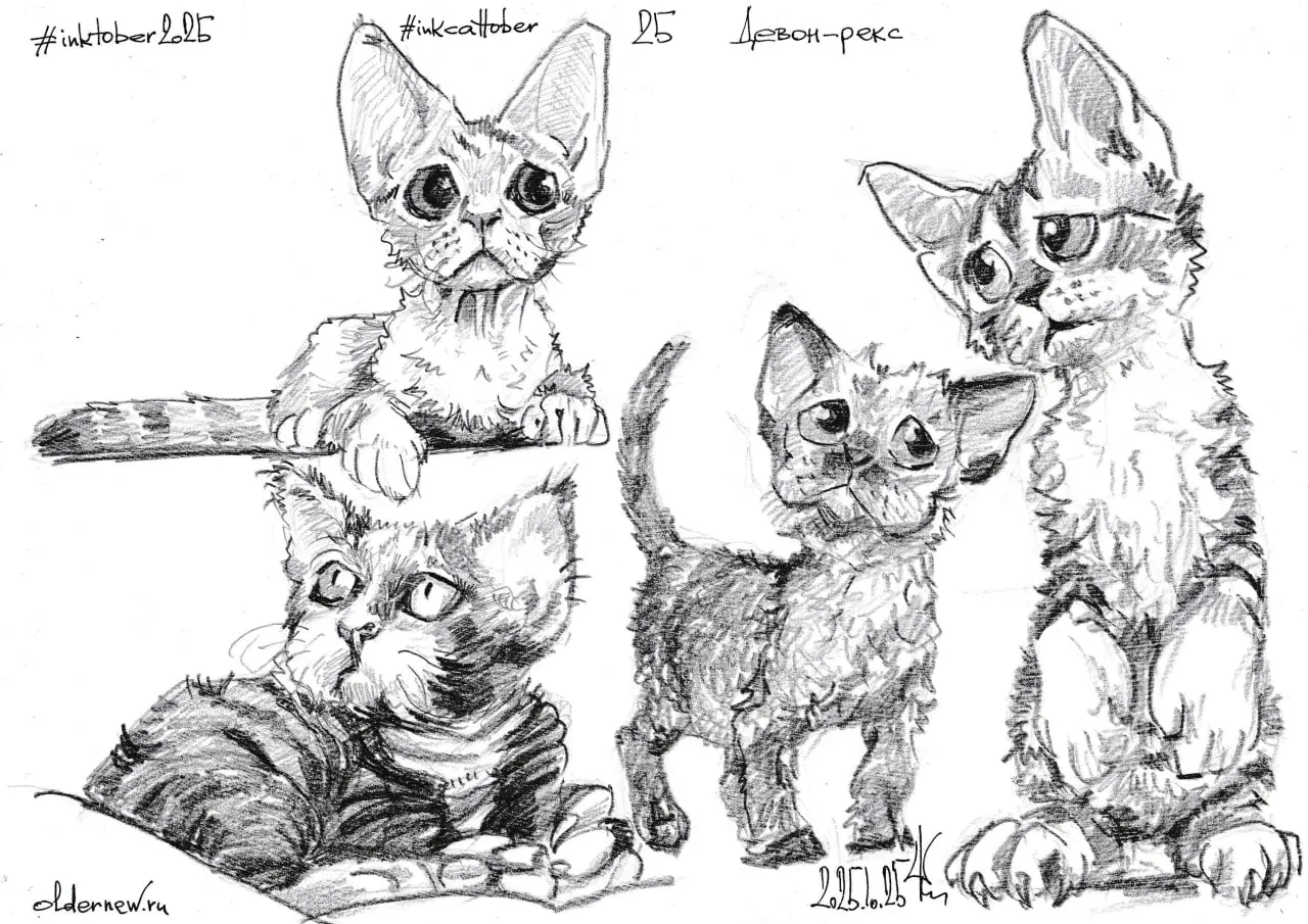 #inkcattober 25 — #ДевонРекс — порода домашних кошек из Великобритании 60-х | Сетка — социальная сеть от hh.ru