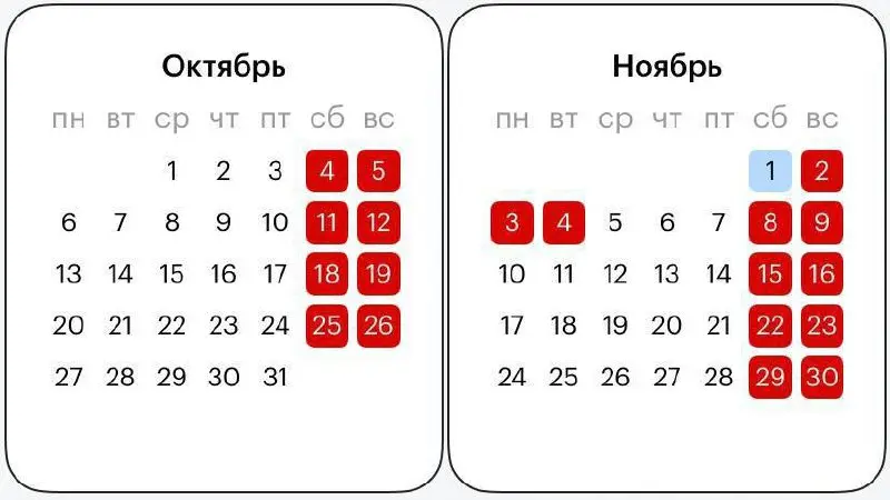 📆На следующей неделе россияне будут работать с 27 октября по 1 ноября
Рабочий день в субботу будет сокращенным как предпраздничный перед Днем народного единства, который отмечается в России 4 ноября
📲... | Сетка — социальная сеть от hh.ru