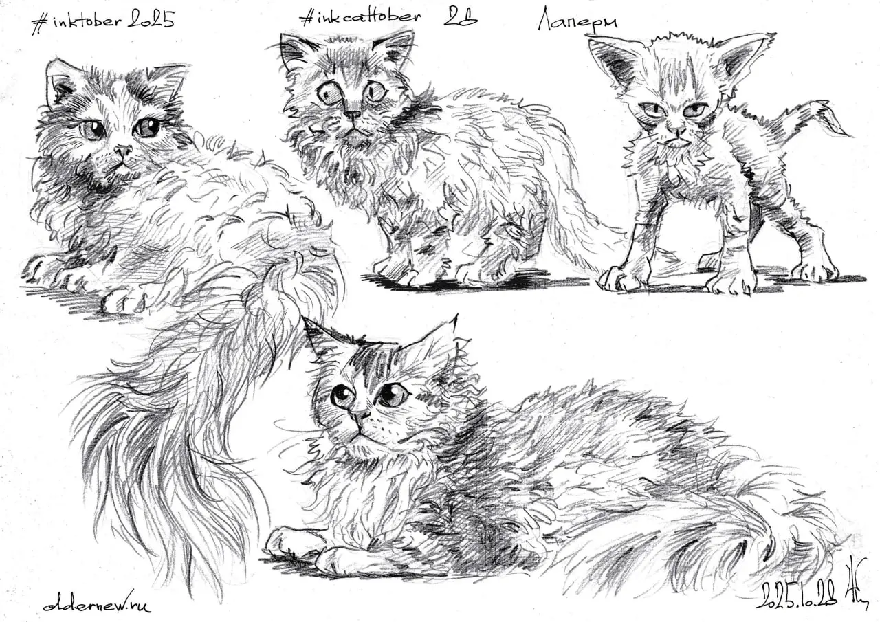 #inkcattober 27 — #Лаперм — порода кошек с кудрявой или волнистой шерстью. Название происходит от английского слова perm («завивка»). В 1995 году лапермы получили официальный статус TICA | Сетка — социальная сеть от hh.ru