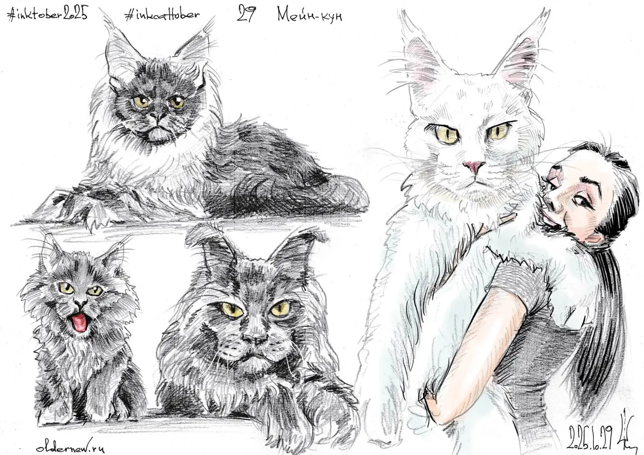 #inkcattober 29 — #Мейн-кун (мэйнская енотовая кошка) — порода полудлинношёрстных кошек аборигенного происхождения. Зародилась в штате Мэн (США) в XIX веке | Сетка — социальная сеть от hh.ru