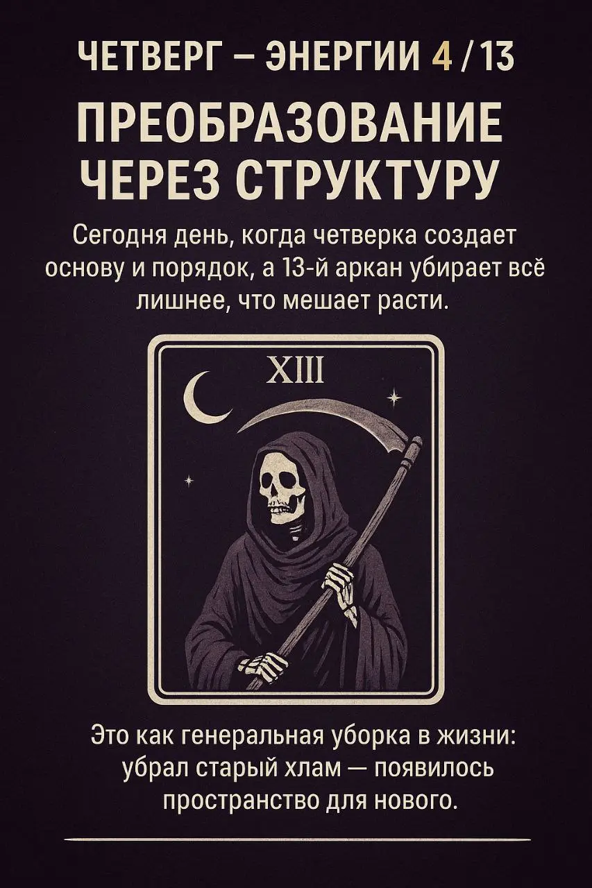 🌑 Четверг
Энергии дня 4️⃣ / ⚪️3️⃣Преобразование через структуру
Сегодня день, когда:
четвёрка создаёт основу и порядок,
а 13-й аркан убирает всё лишнее, что мешает расти | Сетка — социальная сеть от hh.ru