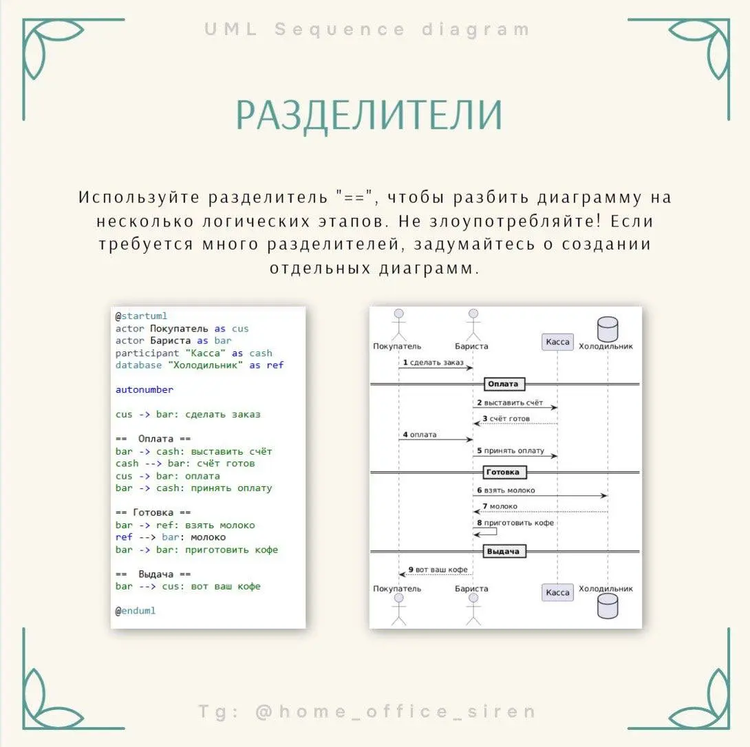 Пожалуй, лучшие sequence diagrams на Диком Западе
Собрала в карточках лайфхаки по PlantUML⬆️с которыми ваши диаграммы будут самыми понятными, читаемыми и востребованными! А все другие аналитики будут ... | Сетка — социальная сеть от hh.ru